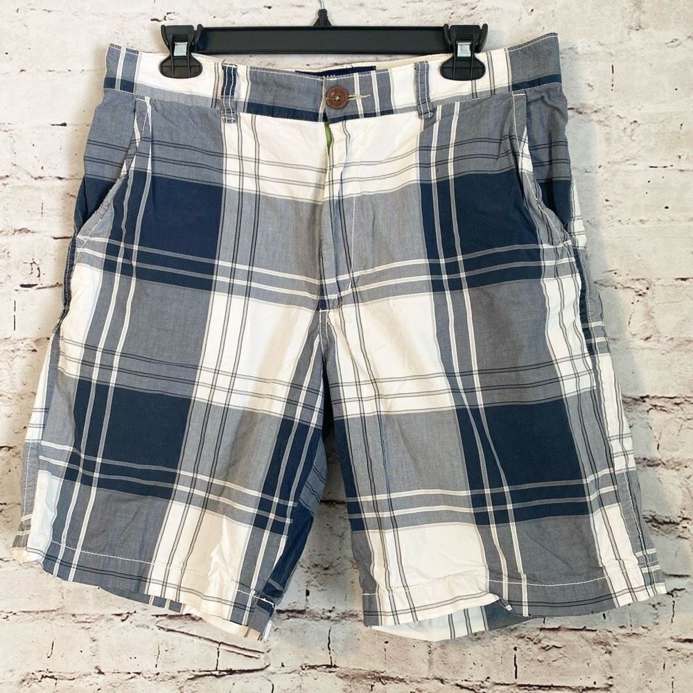 American Eagle Outfitters AEO Plaid Shorts Flat Front Blue White Gray Men’s 33